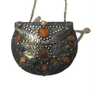 Vintage Sajai agate encrusted filigree silver metal purse
